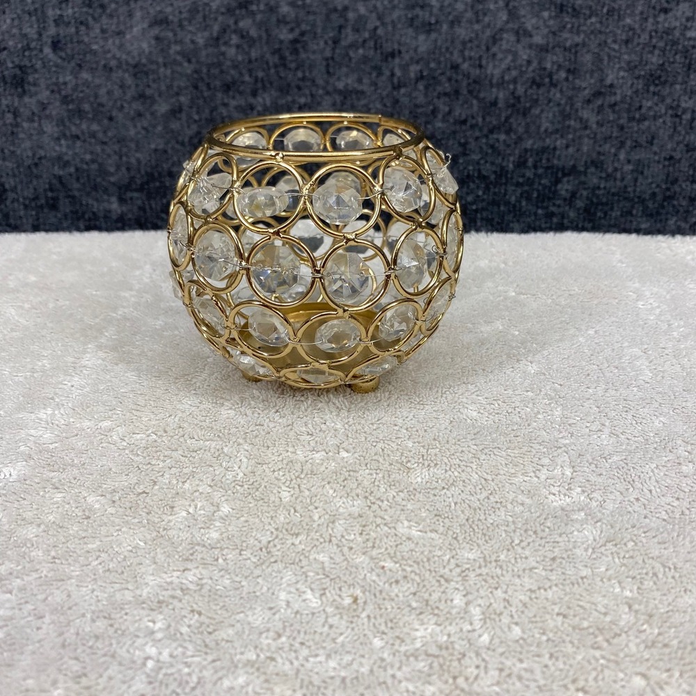 Gold Crystal Beaded Globe Votive Tea Light Candle Holder Glam Home Decor 4 inch